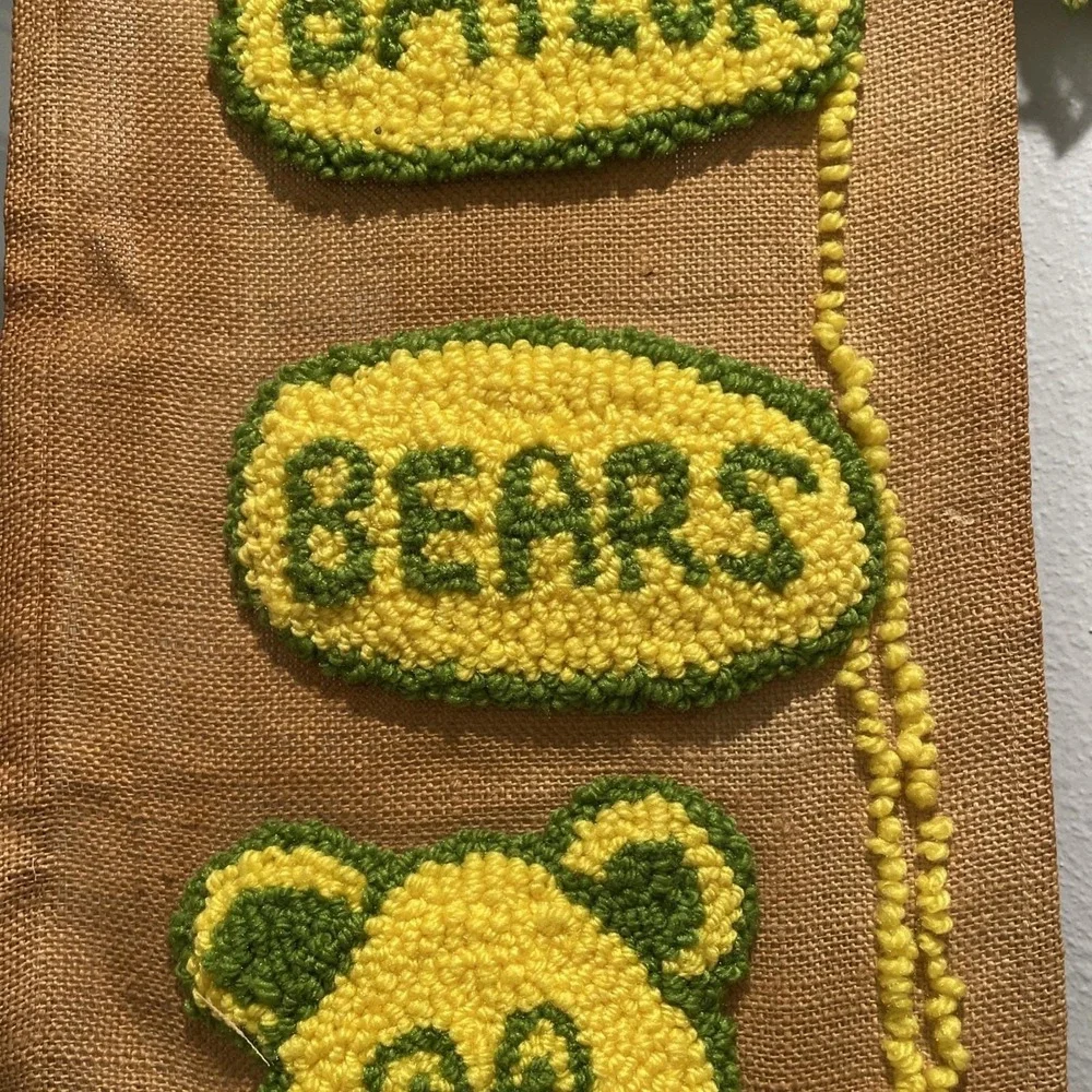 VTG Punch Needle Art Embroidery Yellow Green Baylor Bears Wall Tapestry Handmade
